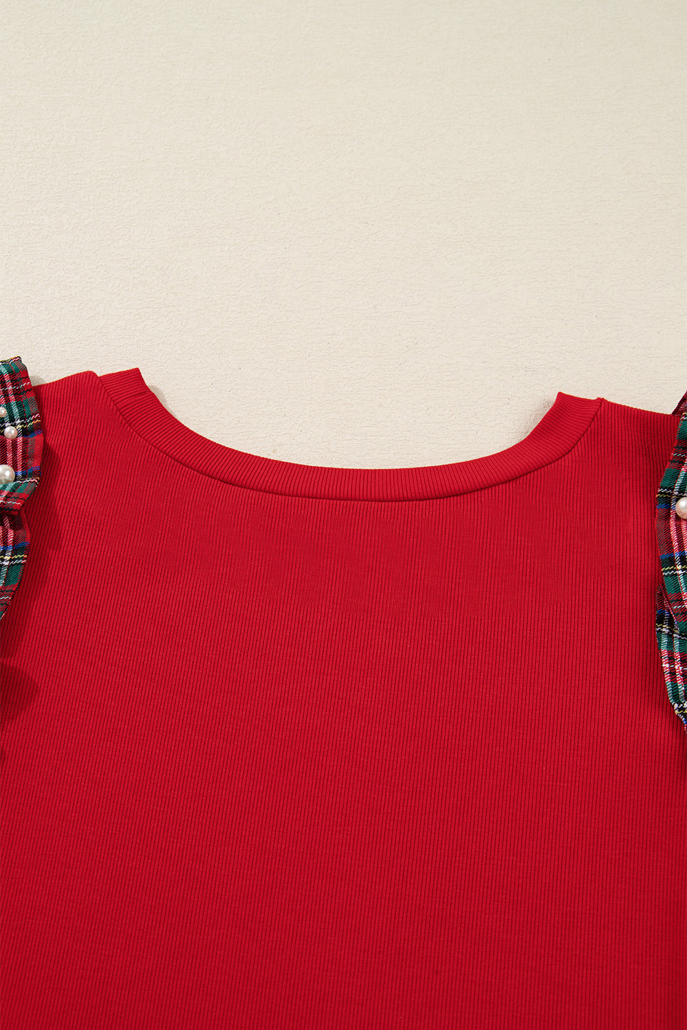 Red Festive Plaid Pearl Embellished Ruffle Short Sleeve Blouse