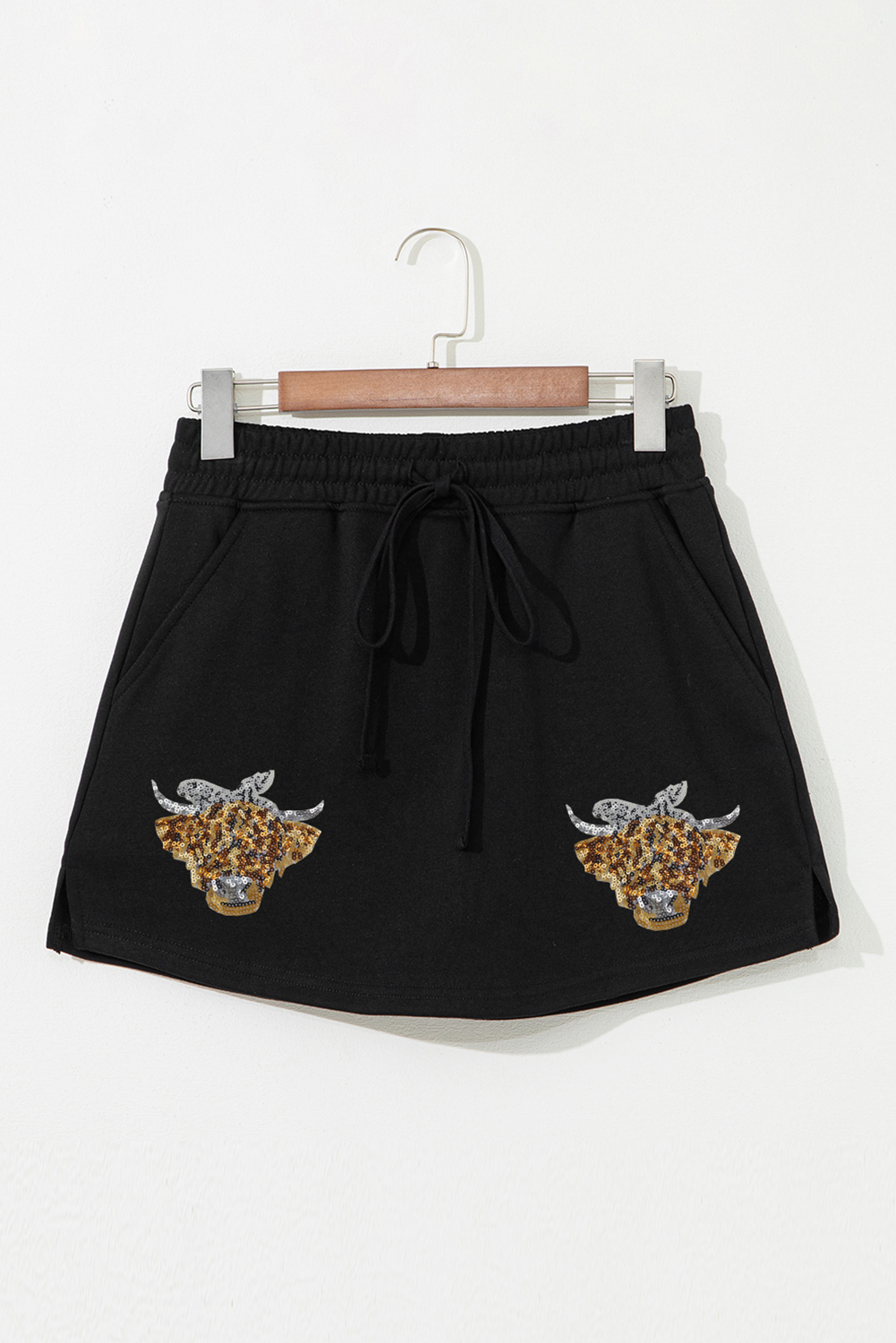 Black Sequin Heifer Patched French Terry Drawstring Skort