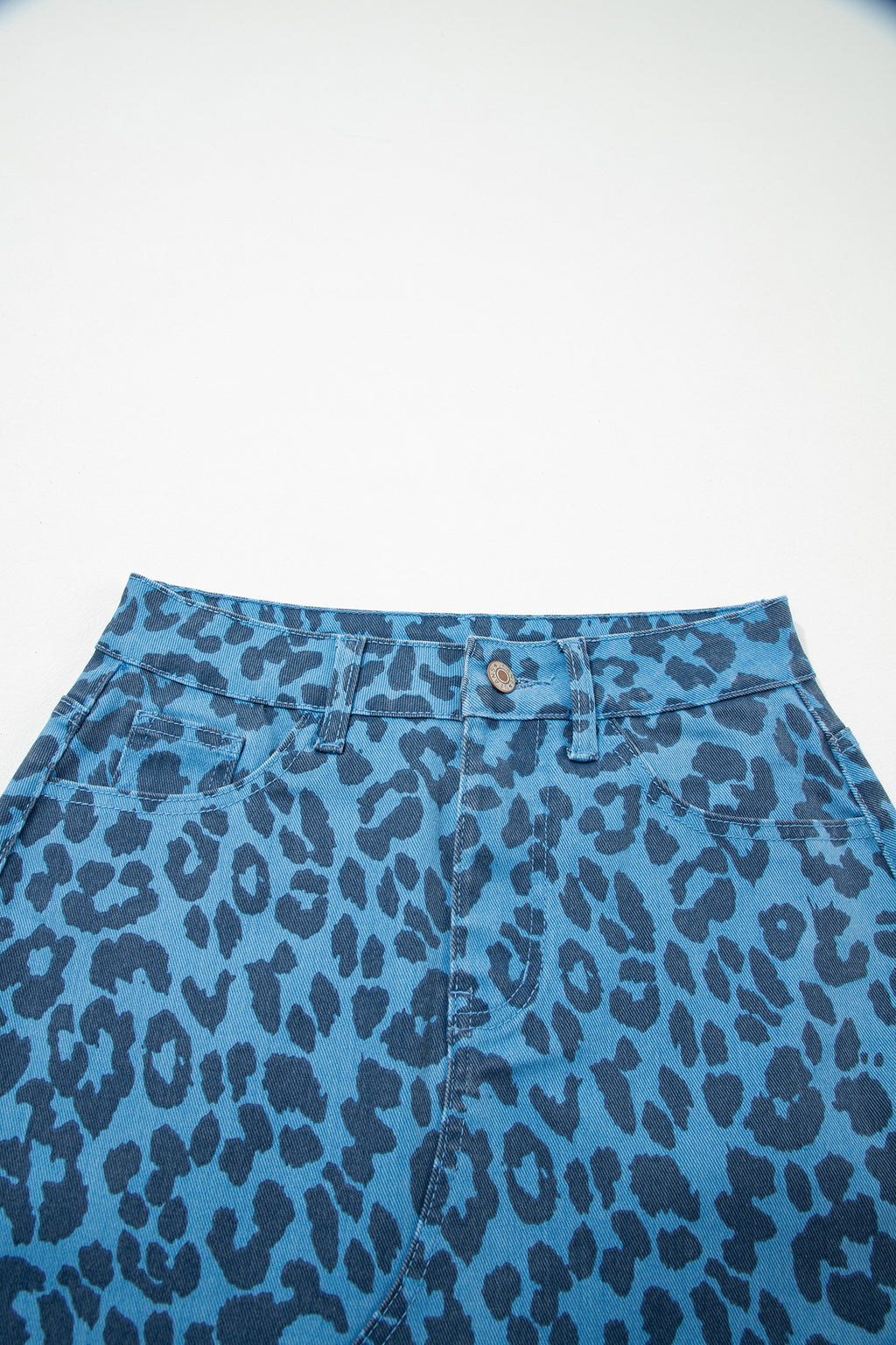 Brown Leopard Denim Frayed Split Denim Midi Skirt