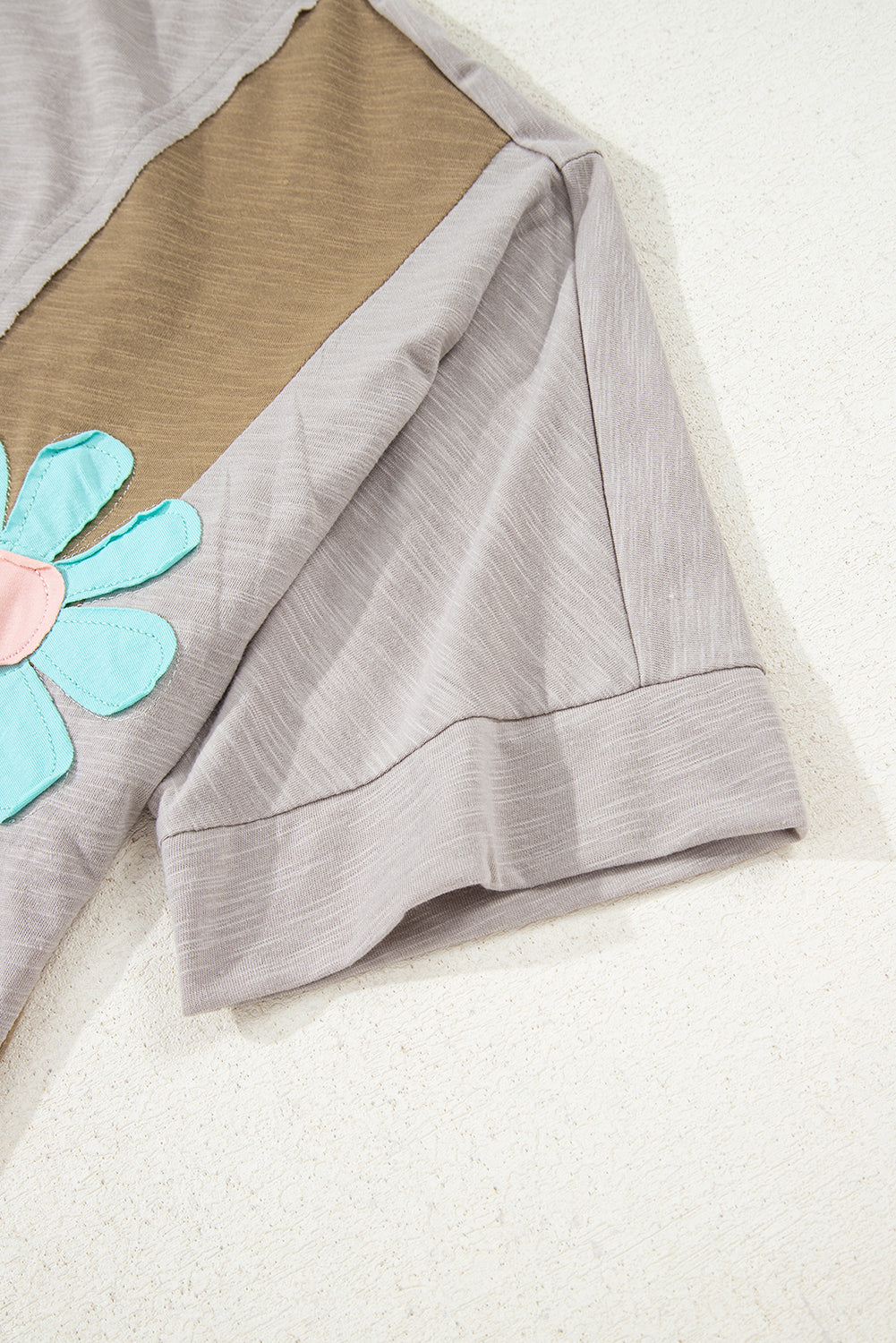 Light Blue Flower Patched Exposed Seam Bracelet Sleeve Oversized T Shirt