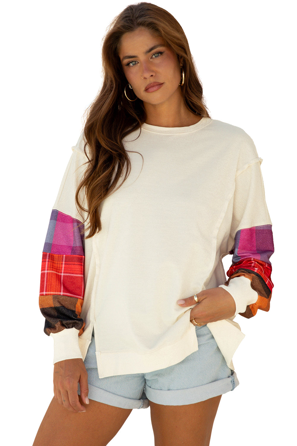 Beige Plus Size Multicolor Plaid Patchwork Sleeve Pullover Top