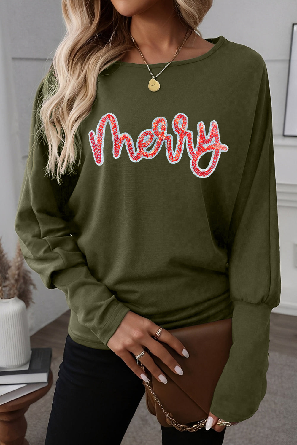 Four Leaf Clover Solid Color Extended Cuffs Long Sleeve Top