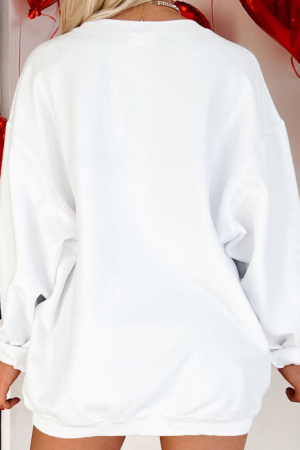 White Corded Ribbed XOXO Bow Print Embroidered Patch Graphic Sweatshirt