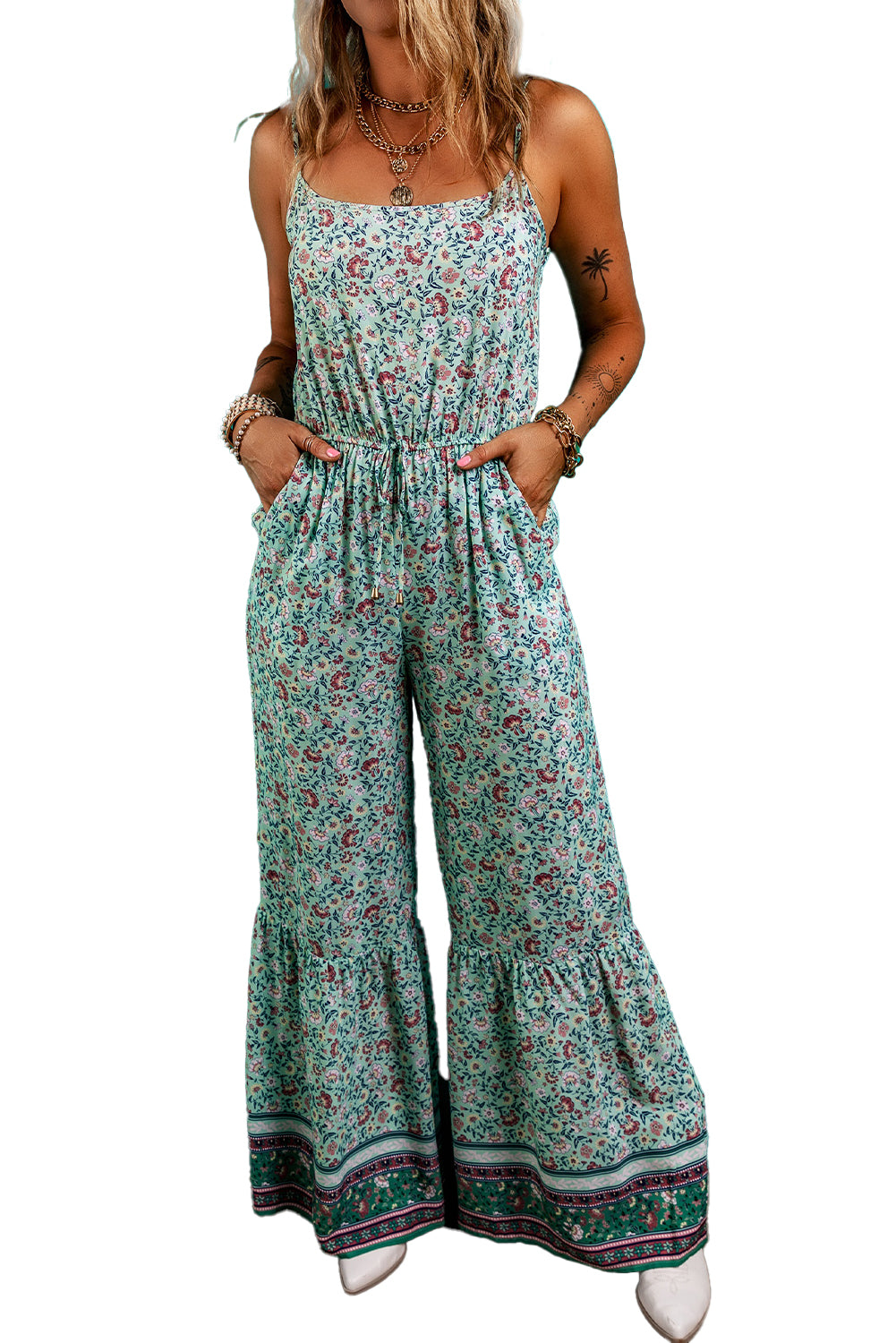 Green Bohemian Floral Ruffle Bottom Spaghetti Strap Jumpsuit