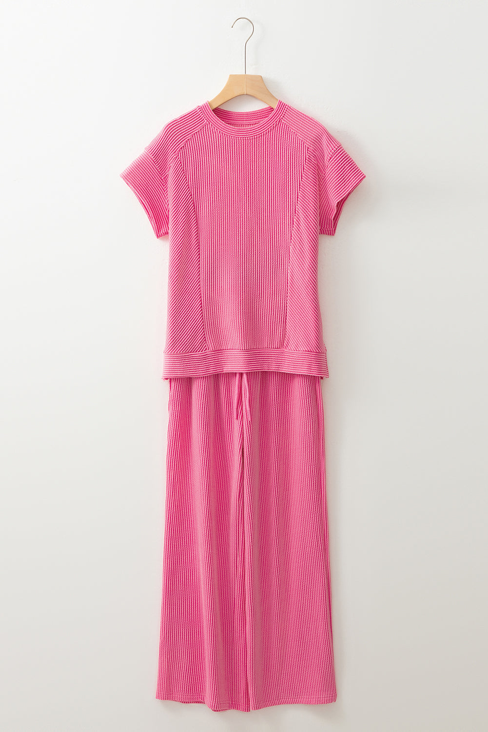 Blue Solid Corded Knit Short Sleeve T Shirt and Wide Leg Pants Set