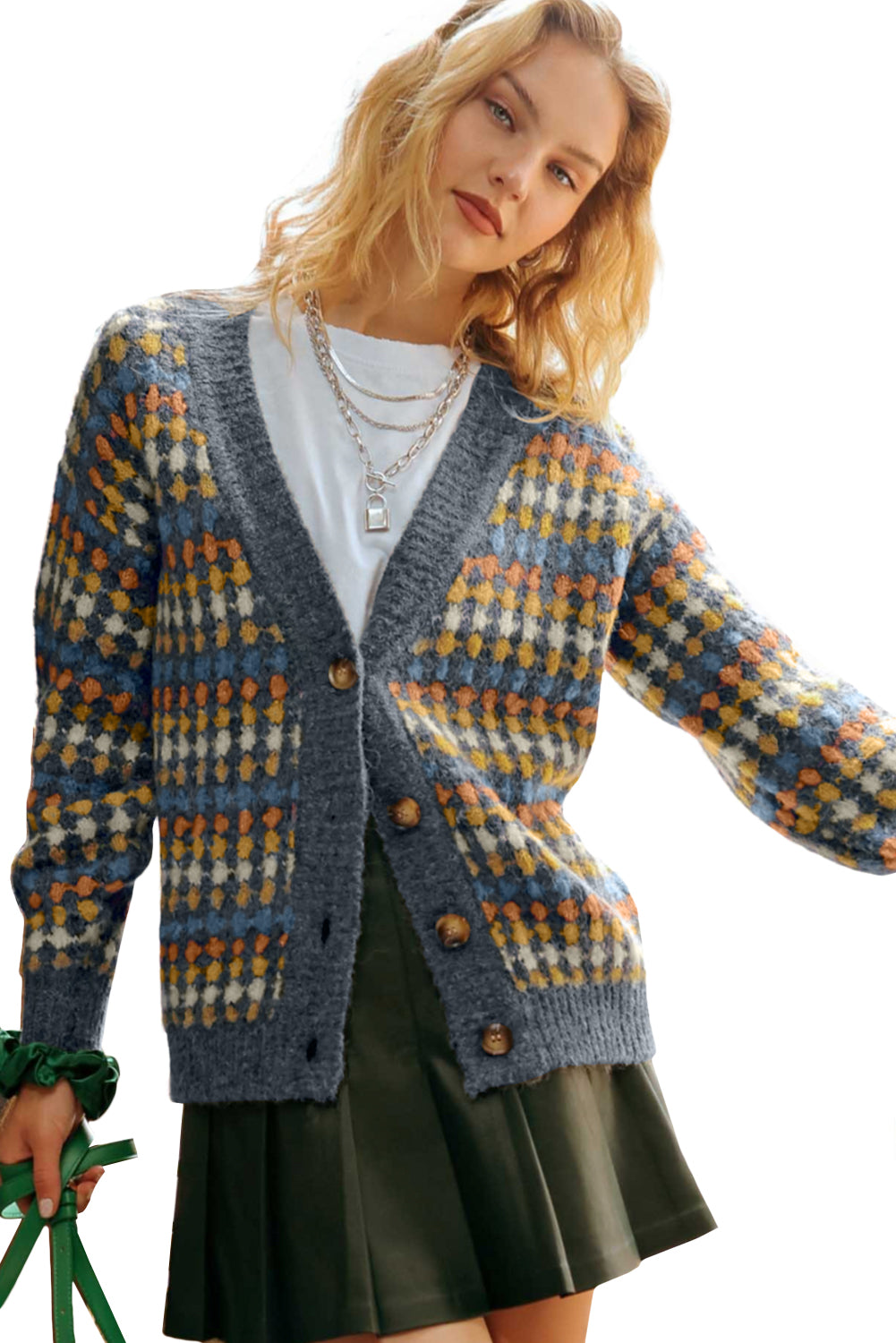 Gray Dotty Pattern Knit Button Front V Neck Sweater Cardigan