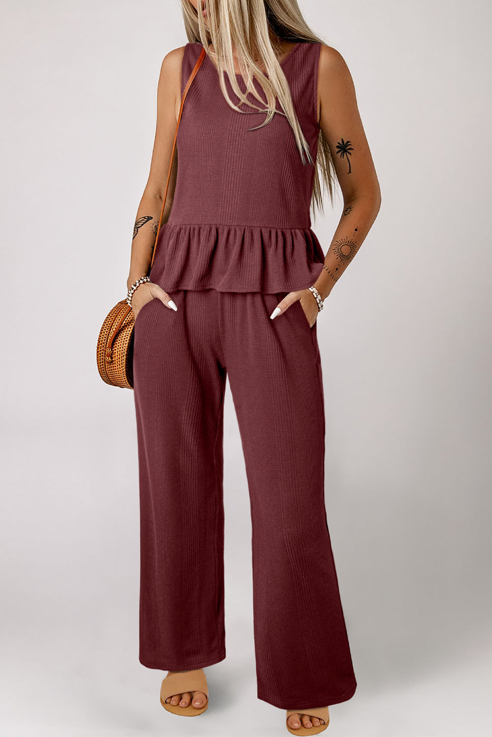 Beau Blue Solid Color Ribbed Ruffle Tank Top and Pants Set