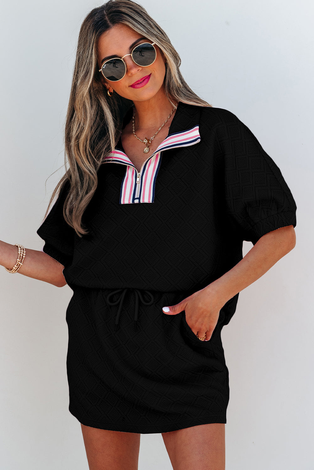 White Textured Jacquard Colorblock Edge Puff Sleeve Quarter Zip Mini Dress