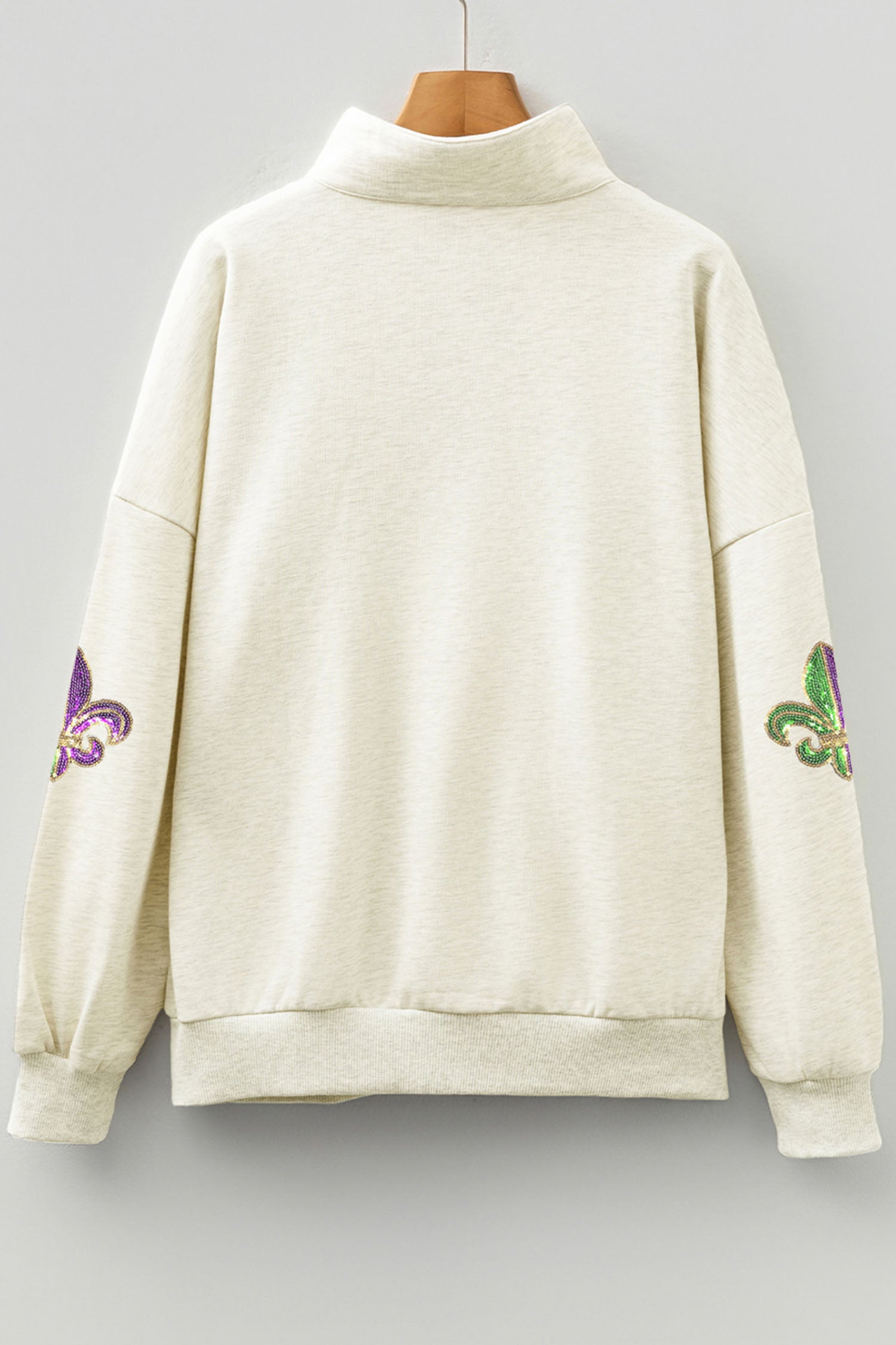 Light Grey Mardi Gras Elements Sequin Patched Striped Patchwork Zip Neck Pullover Sweatshirt
