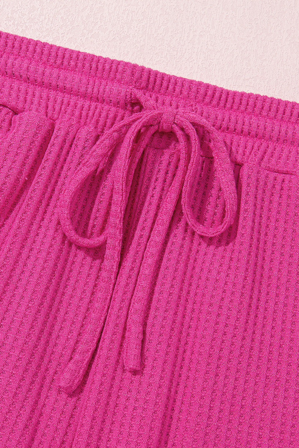 Rose Red Solid Color Waffled V Neck Loose Tee Drawstring Shorts Set