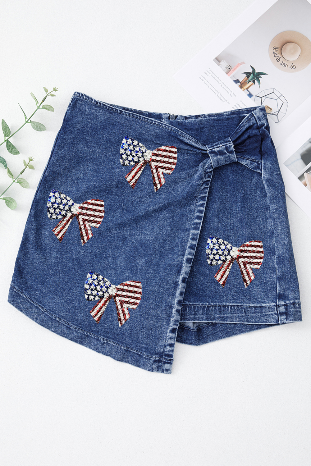 Sail Blue High Waist USA Flag Inspire Bow Patched Twisted Denim Skort