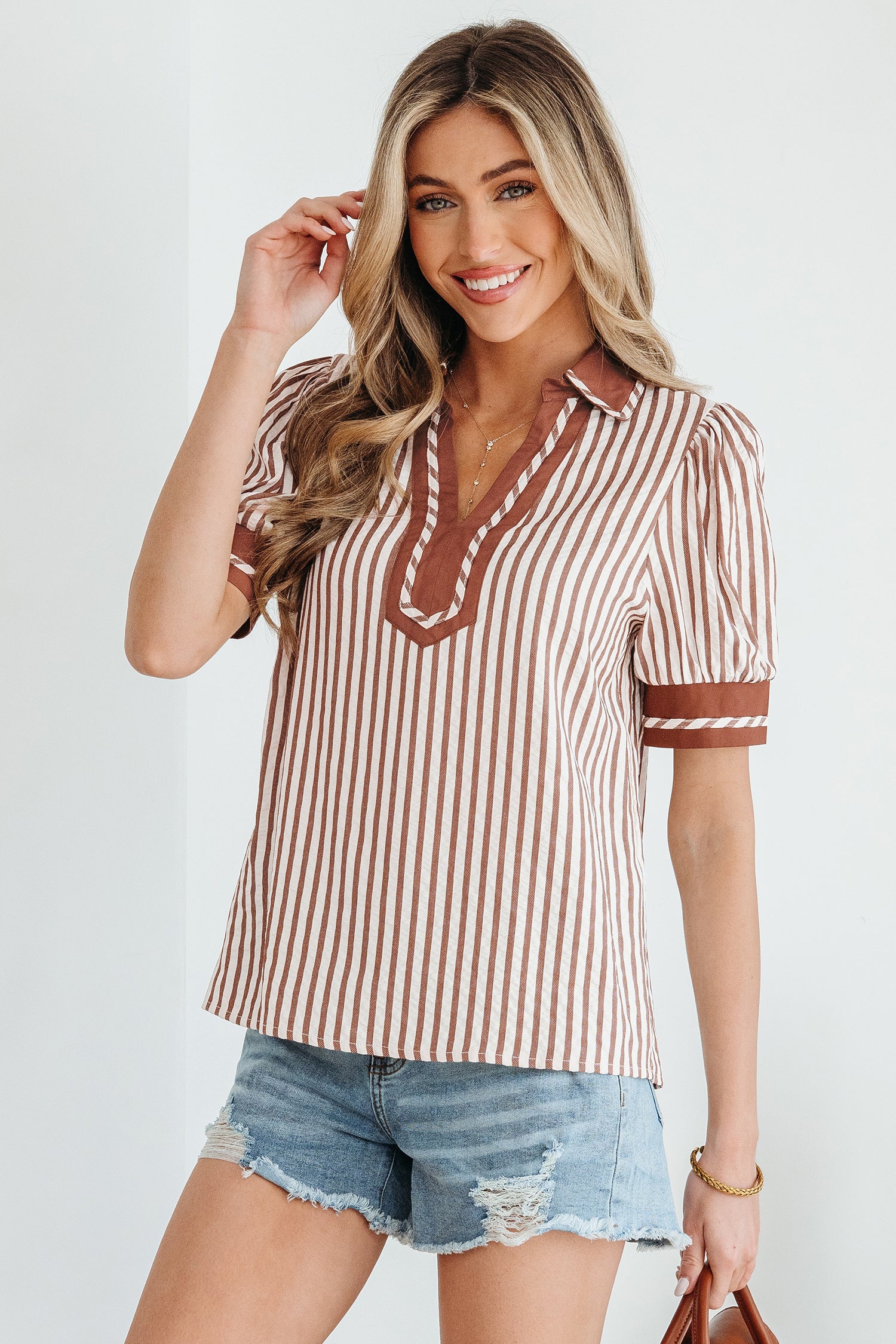 Black Stripe Collared Split Neck Short Bubble Sleeve Blouse