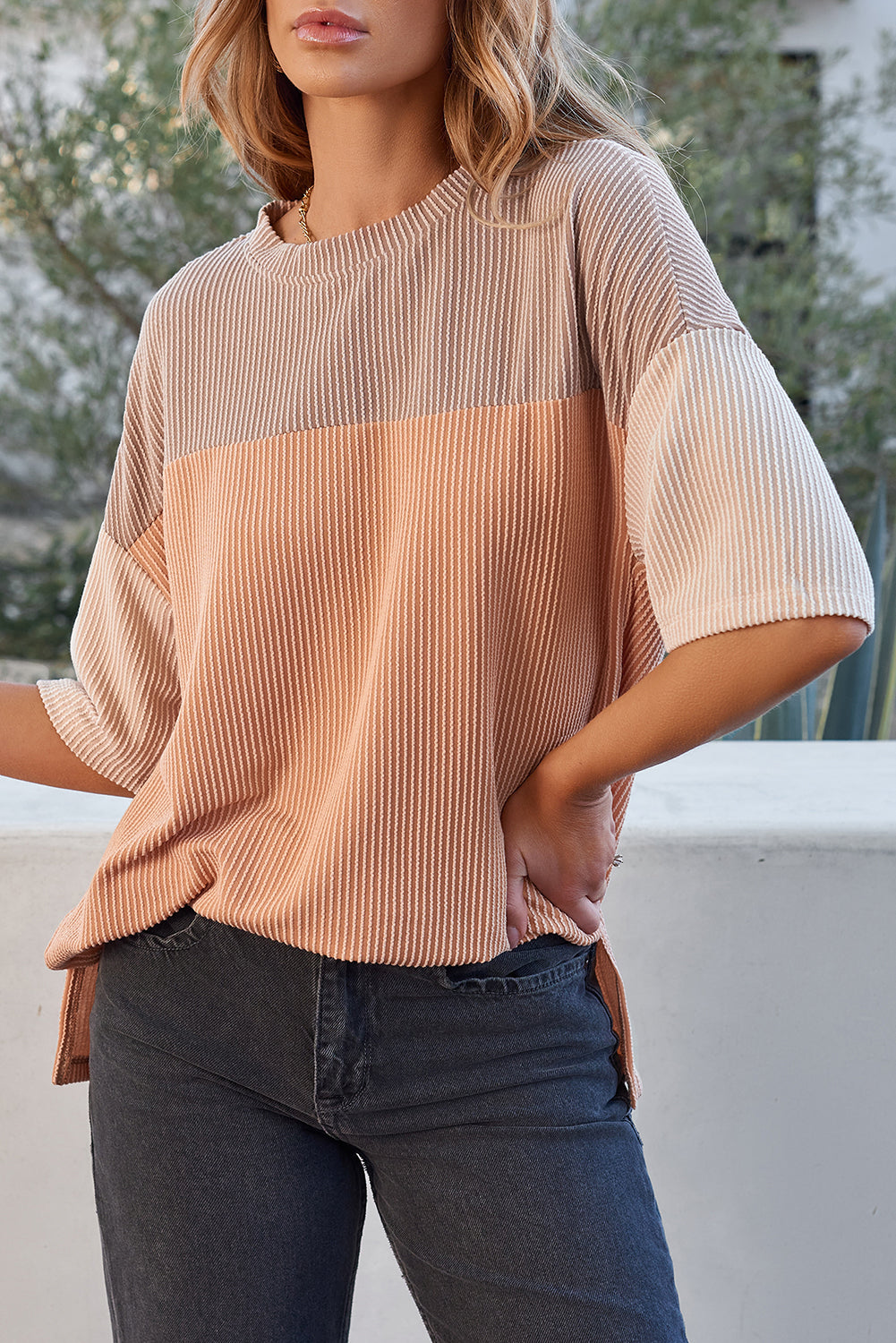 Pink Color Block Ribbed Side Slits Half Sleeve Top