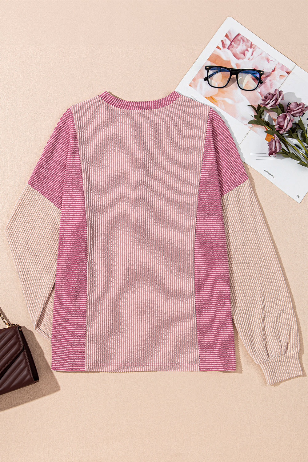 Pink Corded Colorblock Half Placket Pullover Sweatshirt