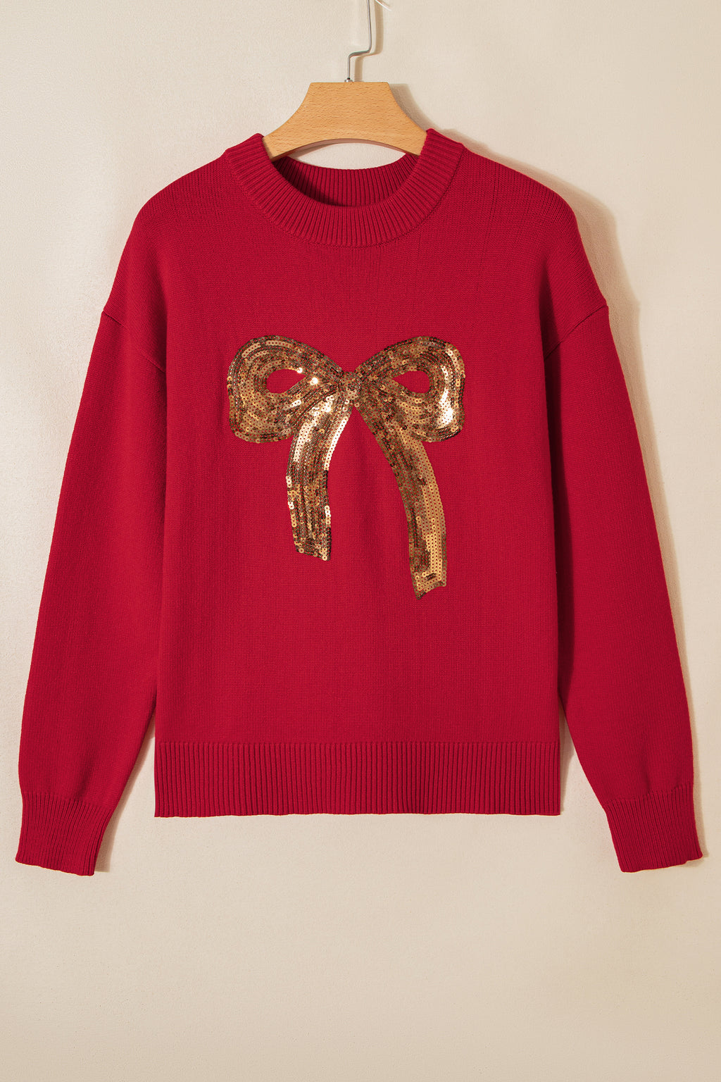 Rose Red Sequined Bow Graphic Christmas Holiday Sweater