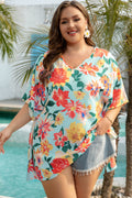 Sky Blue Plus Size Floral Print V Neck Batwing Sleeve Blouse