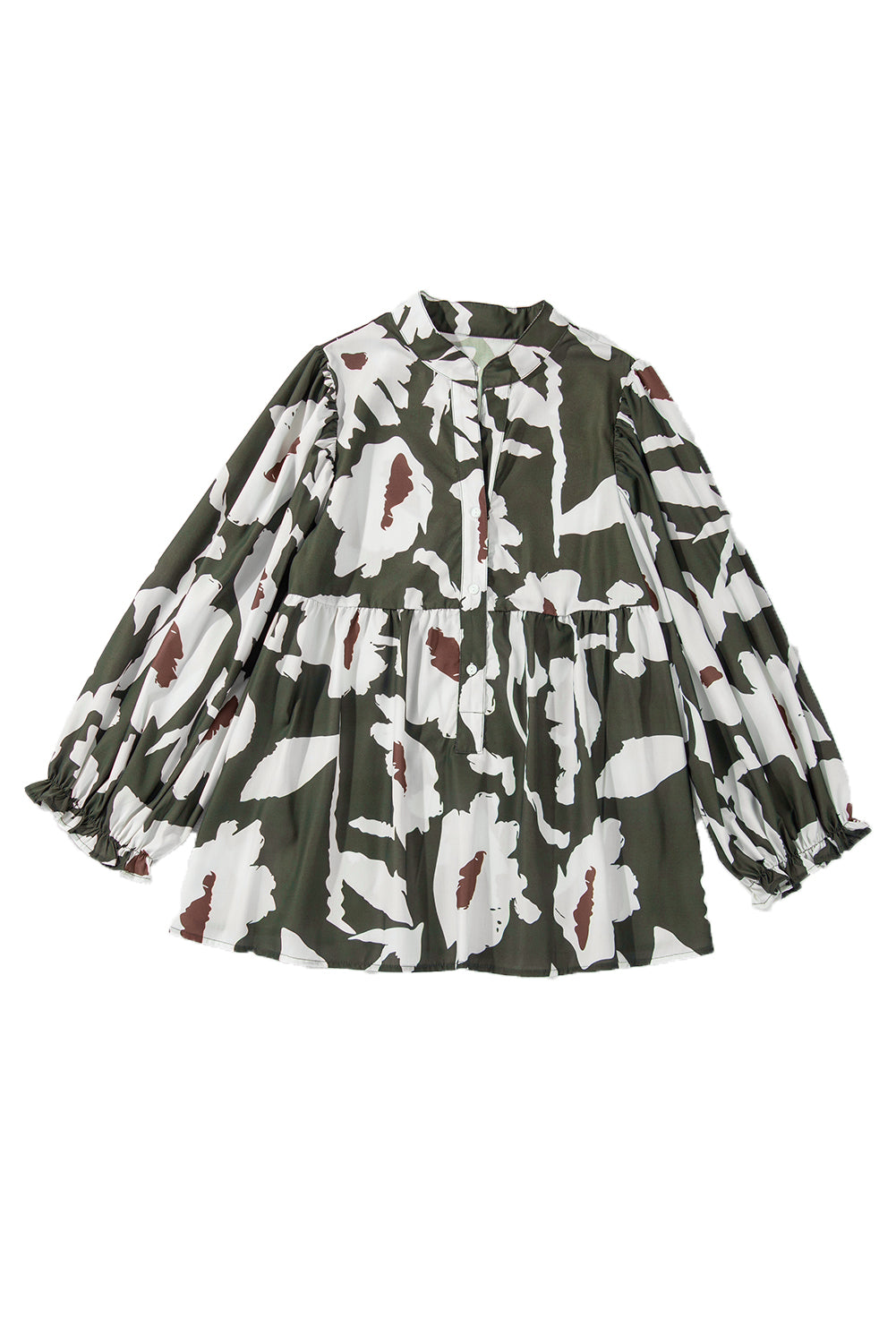 Sail Blue Abstract Floral Print Puff Sleeve Half Button Blouse