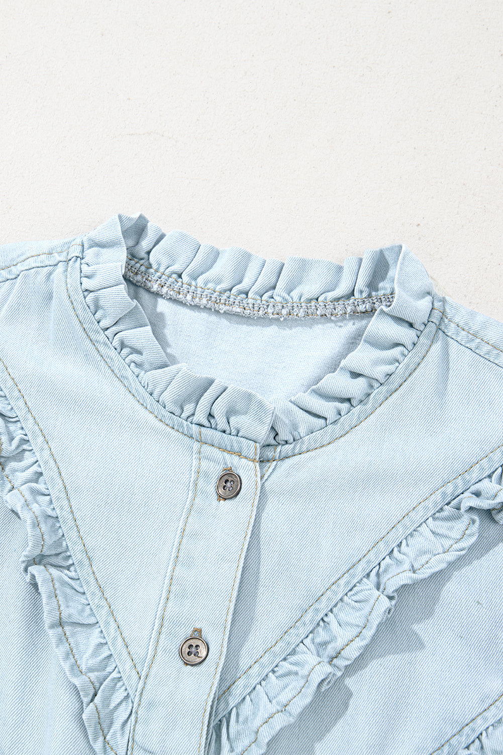 Beau Blue Mineral Wash Frilled Button Up Denim Shirt
