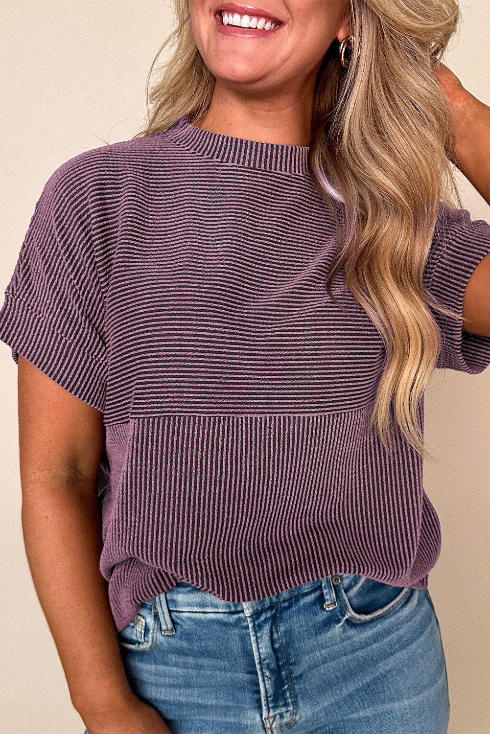 Bright Pink Plain Corded Knit Mock Neck T Shirt