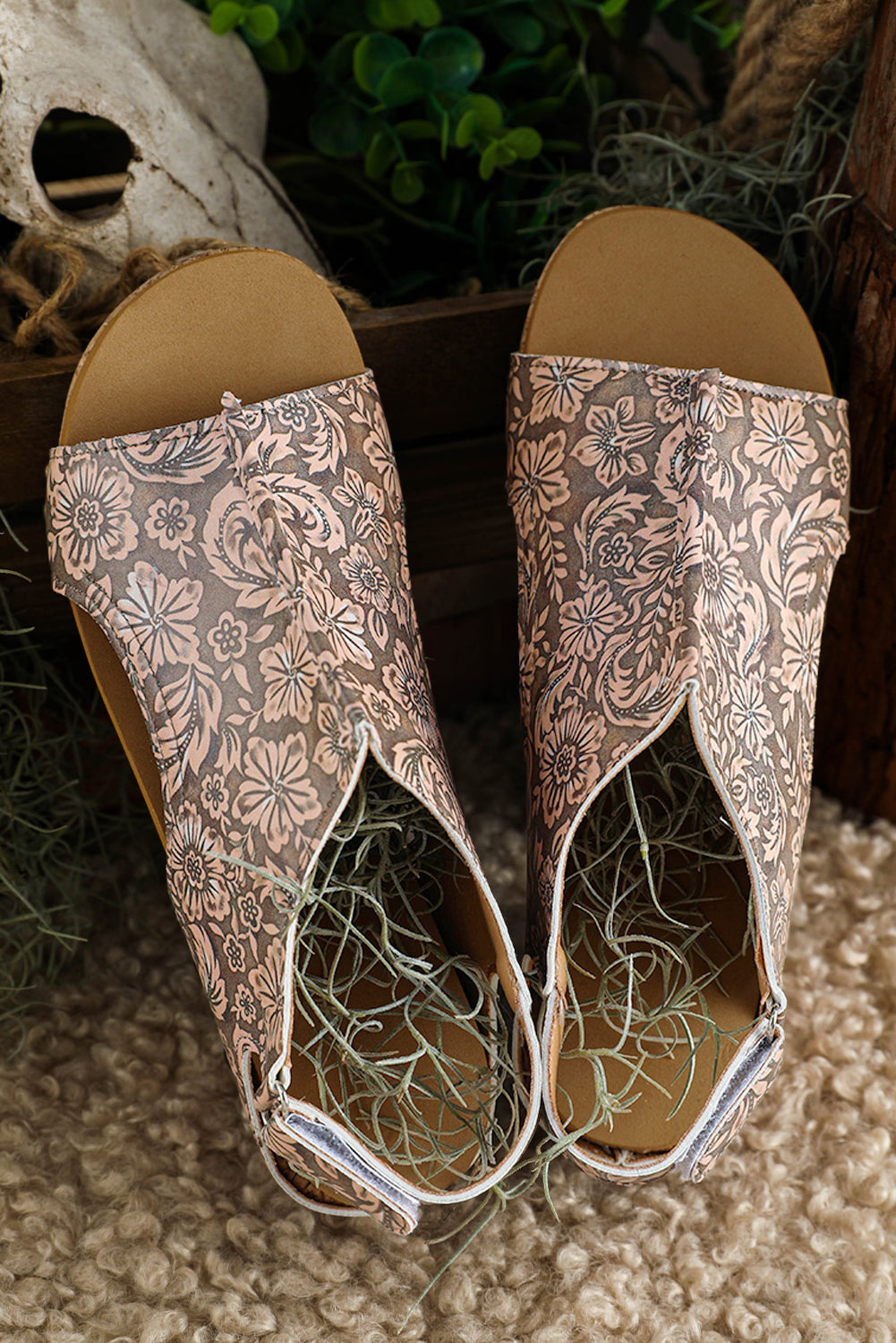 Light French Beige Floral Print Hollowed Strappy Wedged Sandals