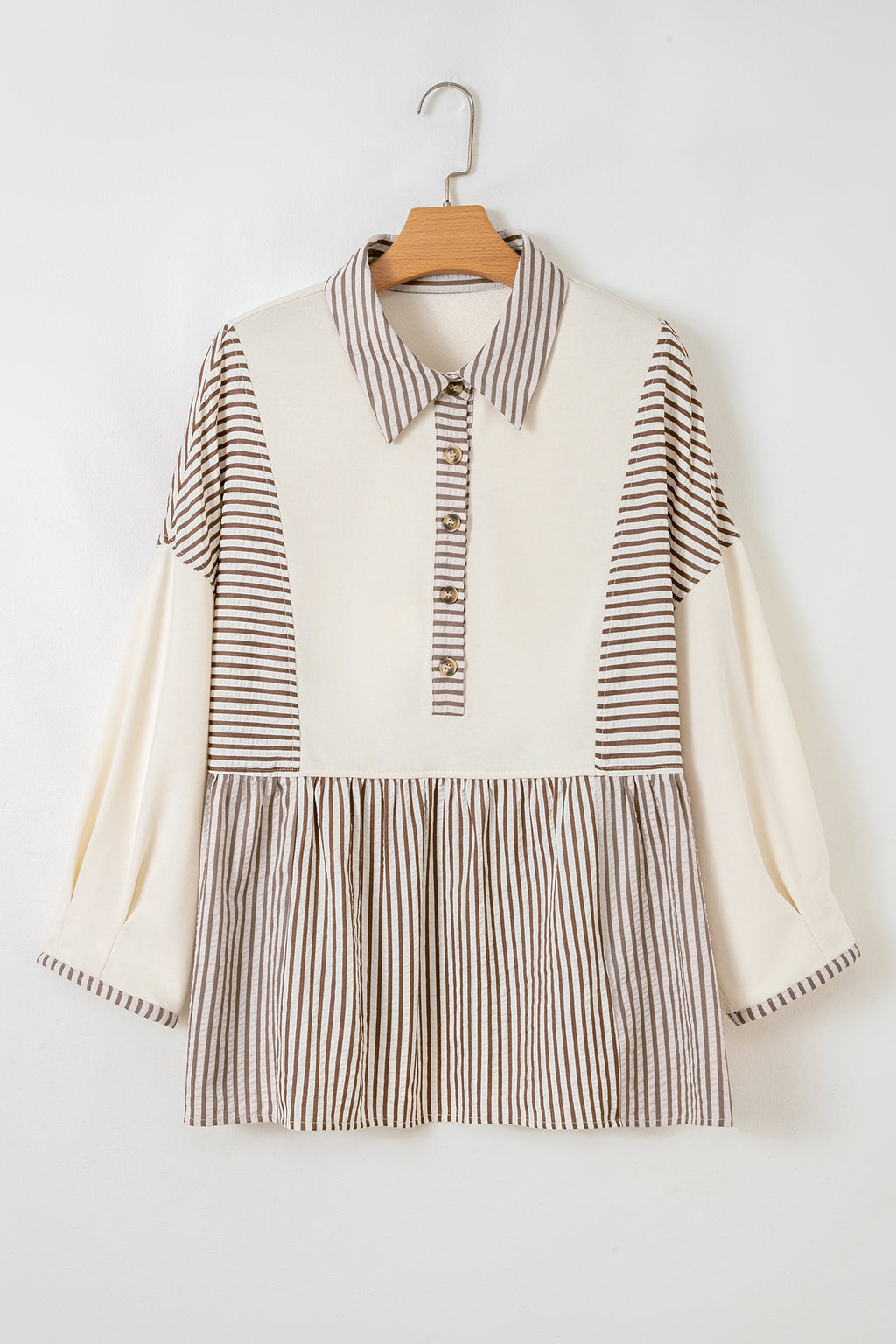Gray Stripe Half Button Gauze Patchwork Bracelet Sleeve Babydoll Blouse