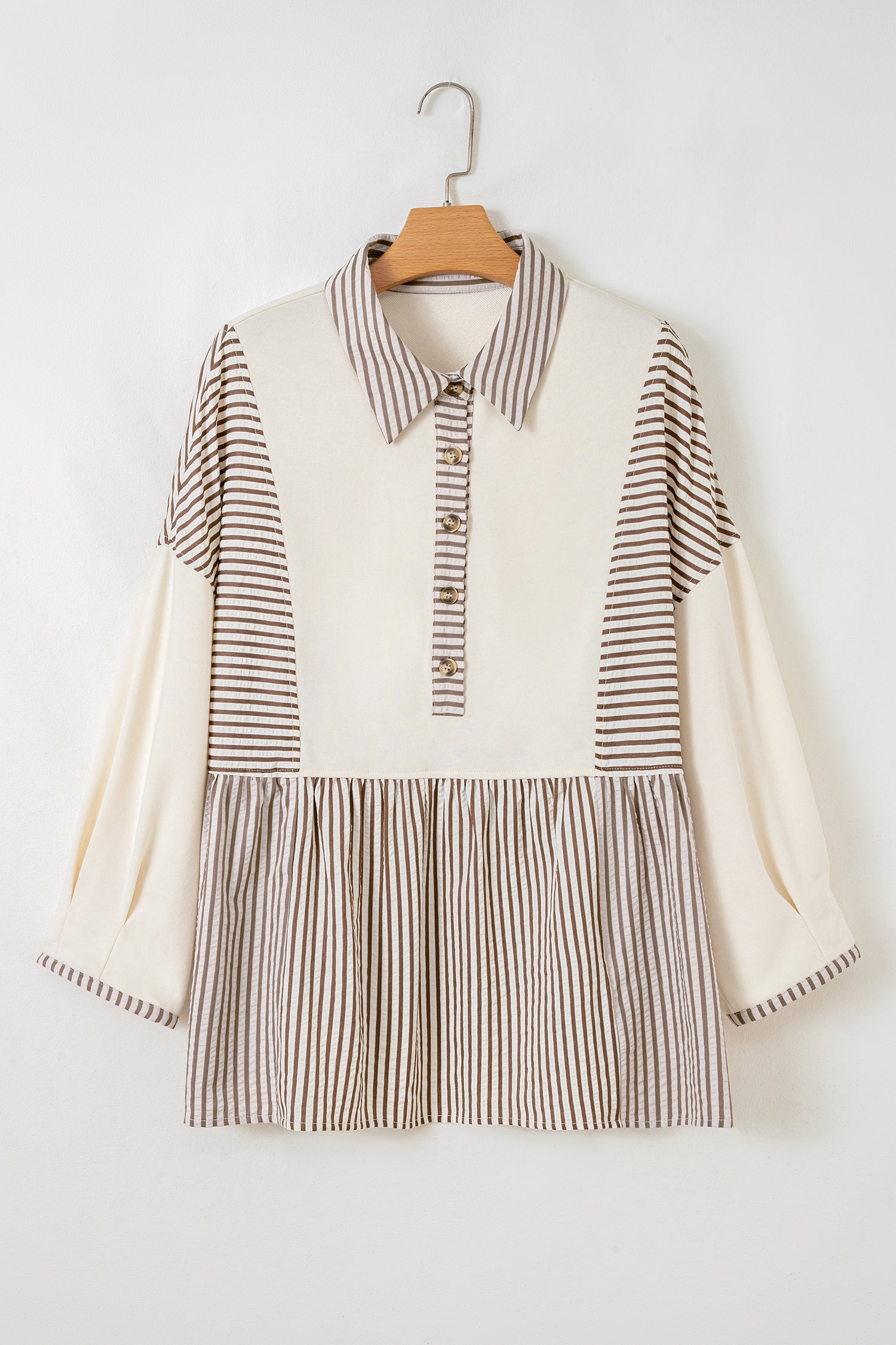 Gray Stripe Half Button Gauze Patchwork Bracelet Sleeve Babydoll Blouse