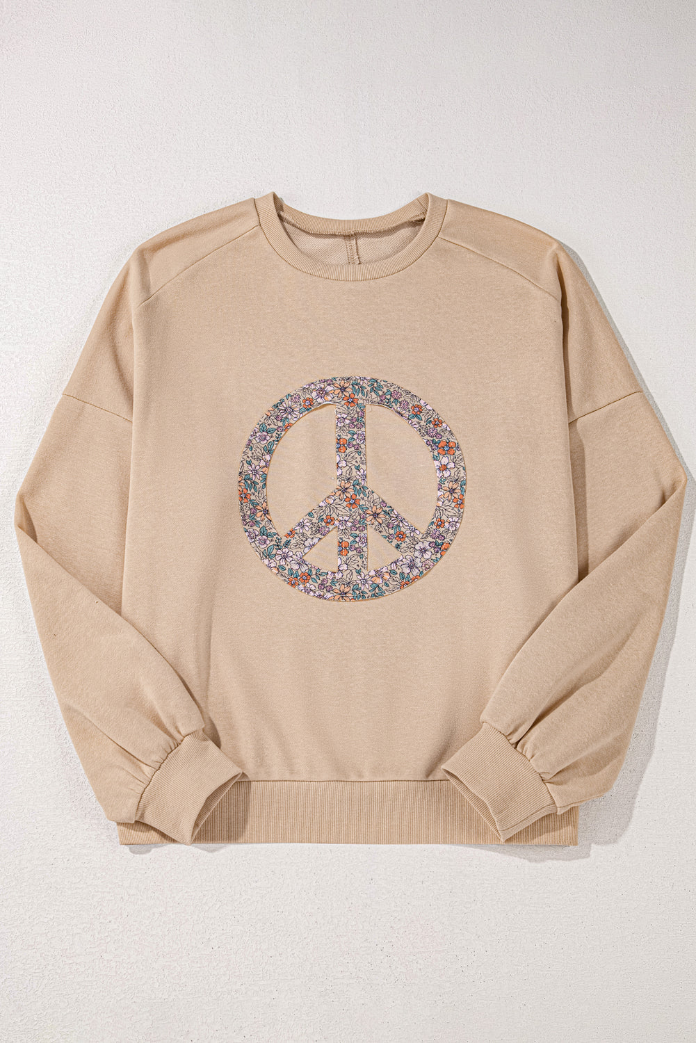 Beige Flower Patch Graphic Exposed Seam Wide Sleeve Top