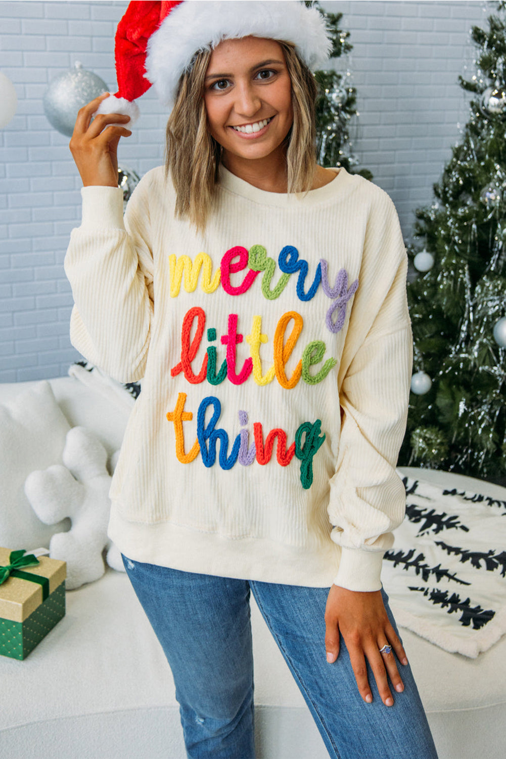 Dark Green merry little thing Corded Letter Graphic Ribbed Loose Sweatshirt