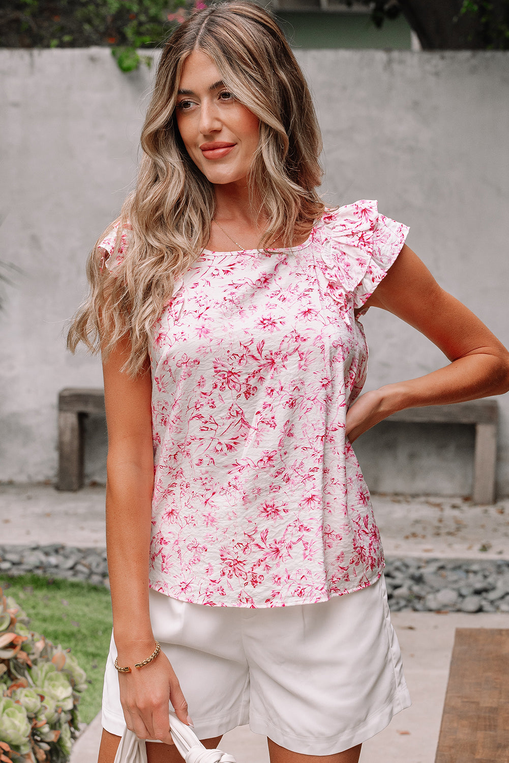 Beau Blue Textured Bow Knot Frilled Butterfly Sleeve Blouse