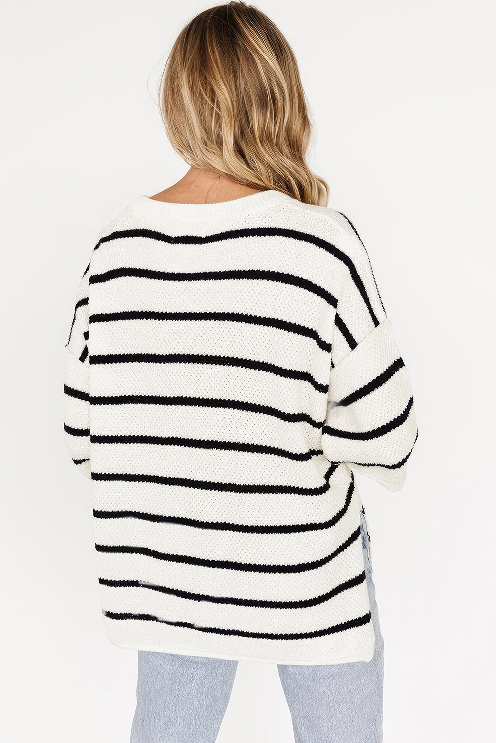 Black Stripe Henley Buttoned Placket Drop Shoulder Bracelet Sleeve Knit Sweater Tee