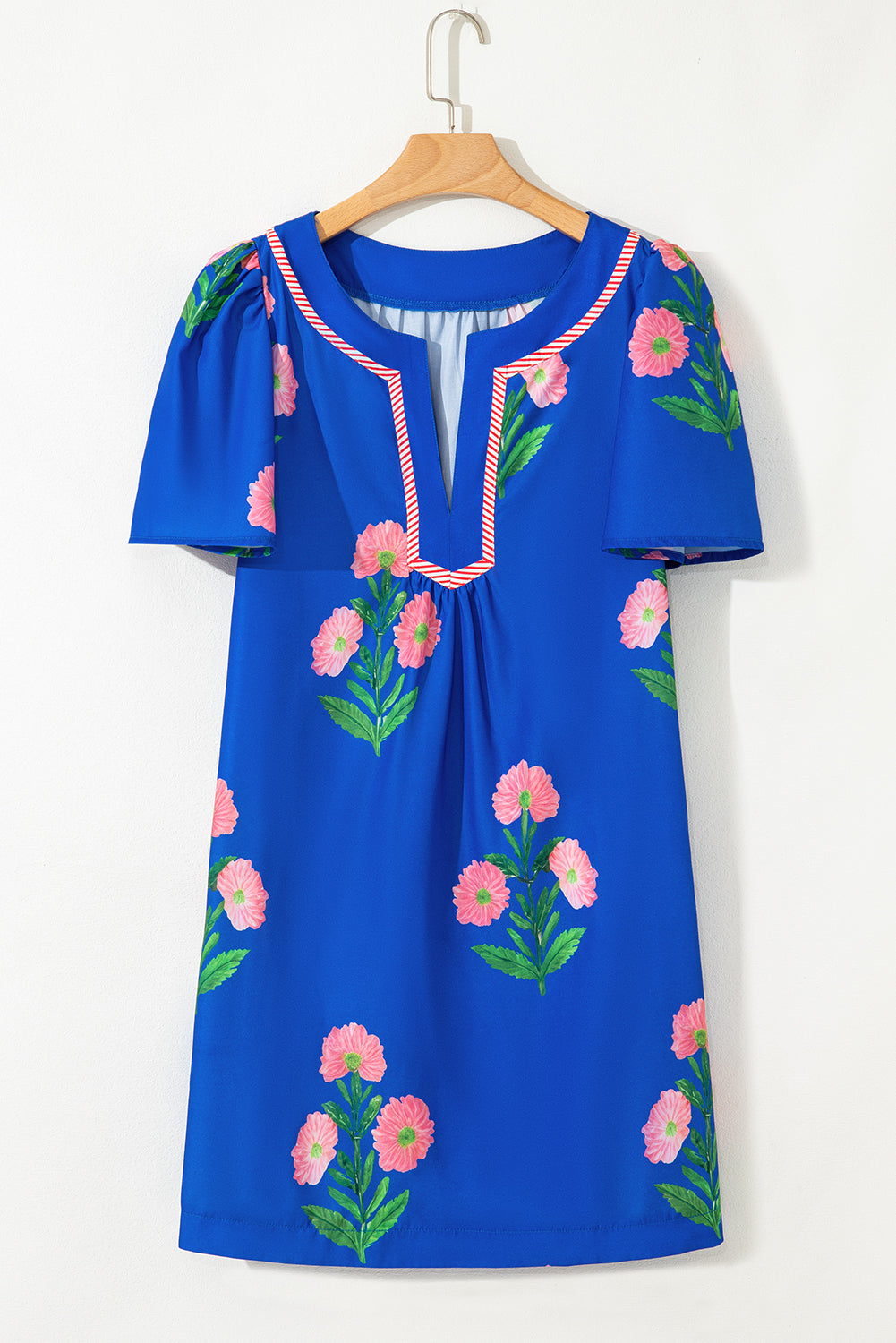 Apricot Floral Short Sleeve Split Neck Loose Mini Dress