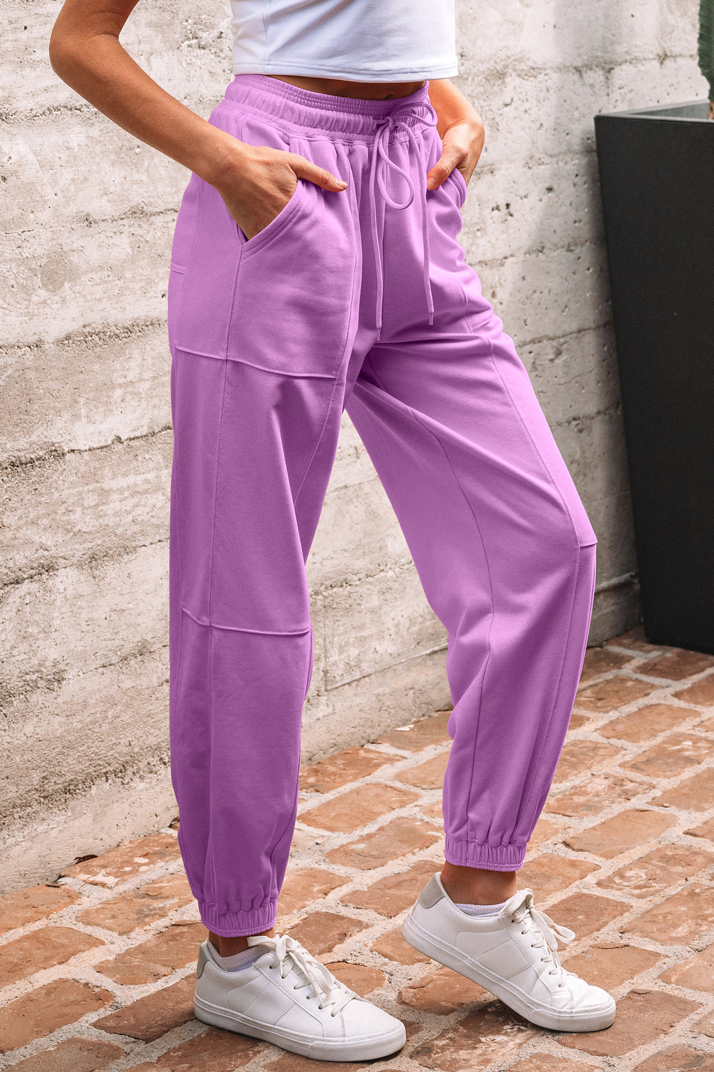 Light Pink Drawstring Elastic Waistband Solid Color Jogger Pants