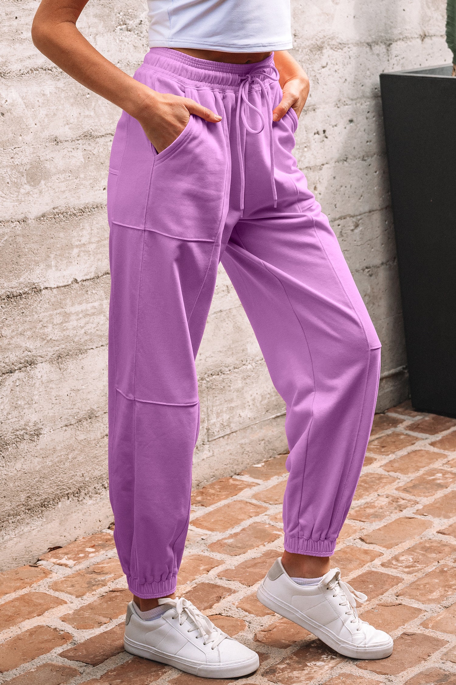 Light Pink Drawstring Elastic Waistband Solid Color Jogger Pants