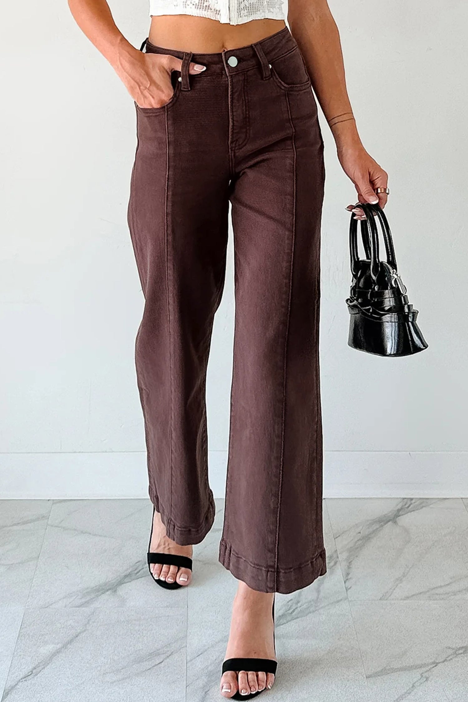 Apricot Solid Color Seamed Center Wide Leg Cropped Jeans