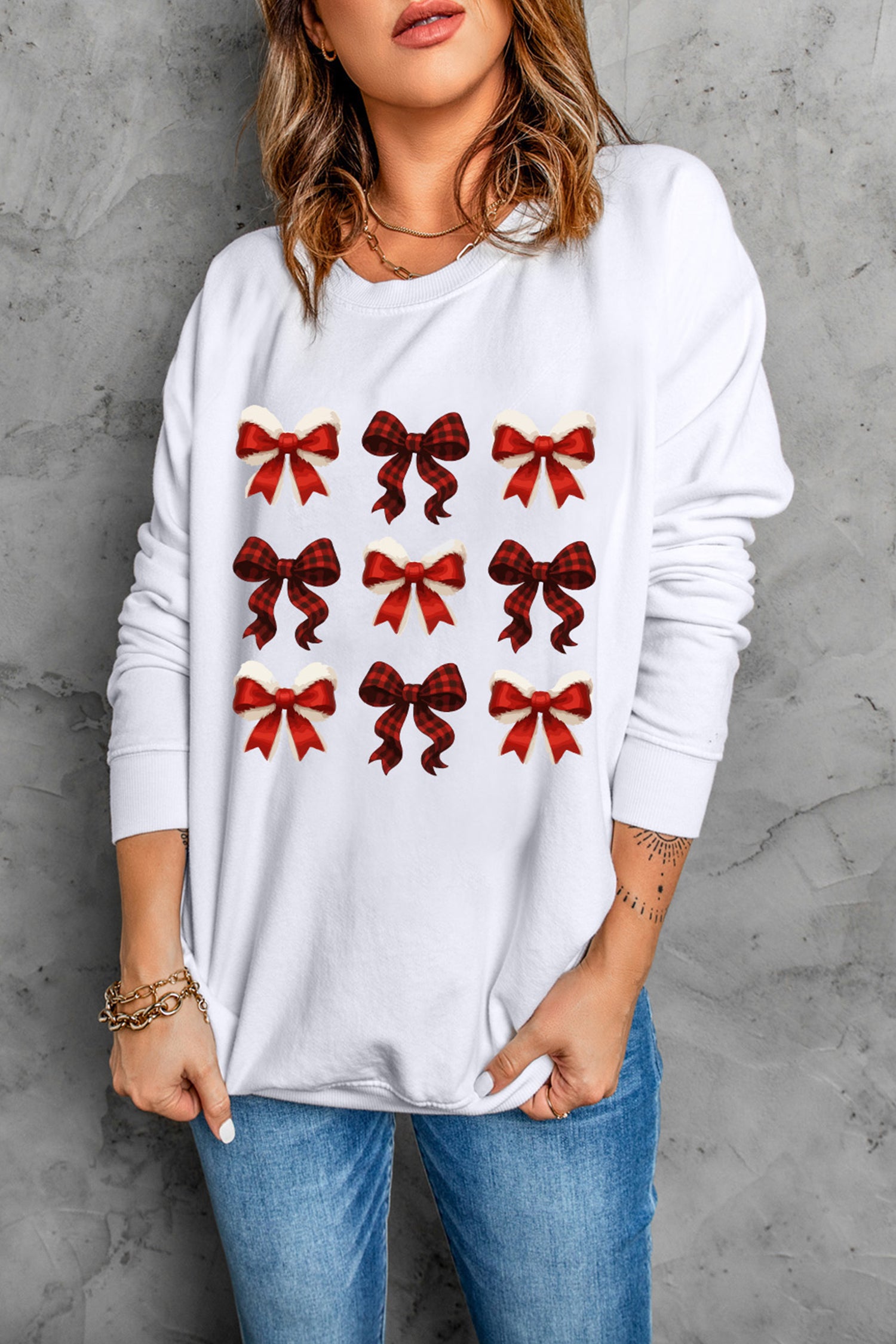 White Festive Bow Graphic Christmas Holiday Classic Sweatshirt