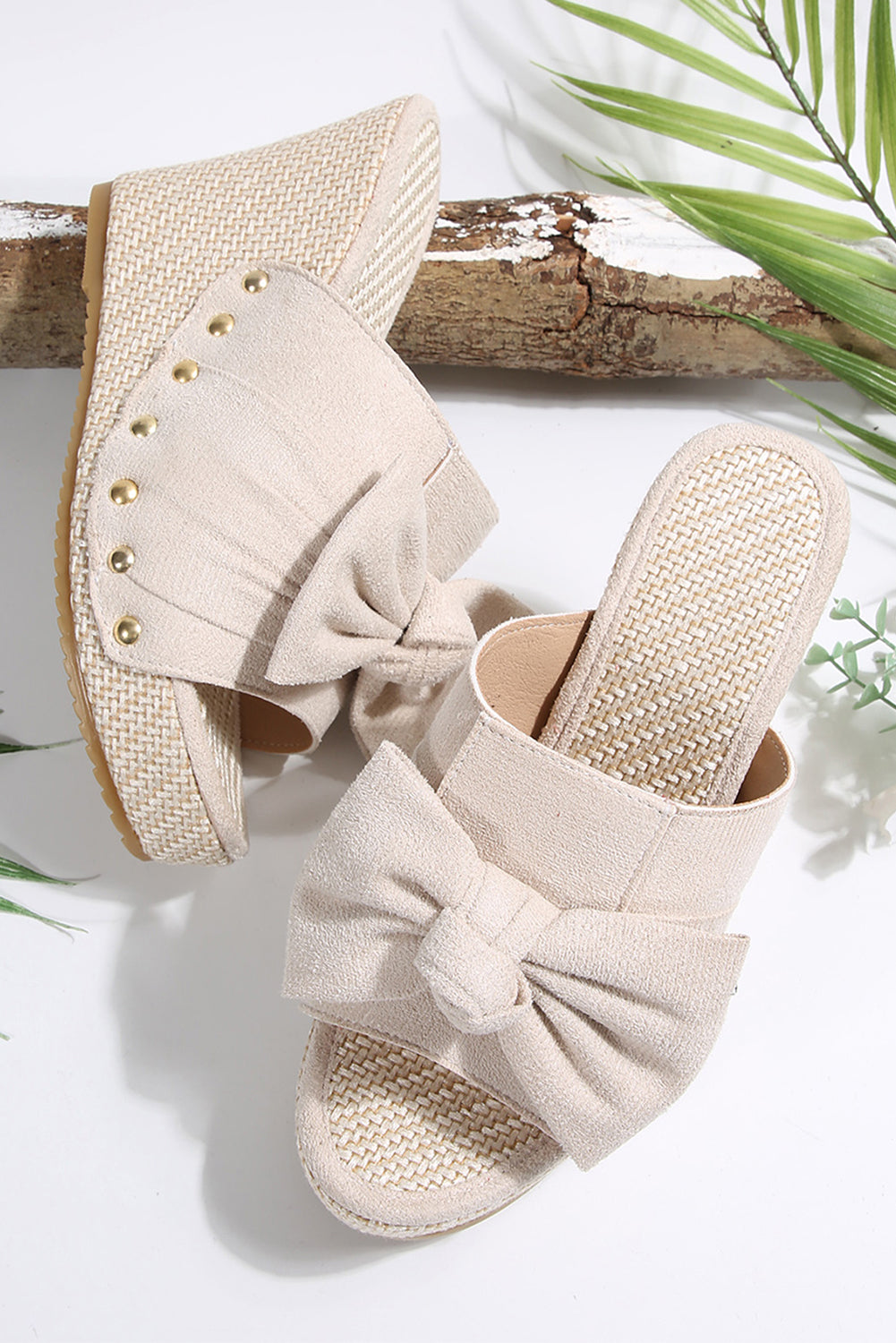 White Bow Knot Decor Faux Suede Woven Wedge Slippers
