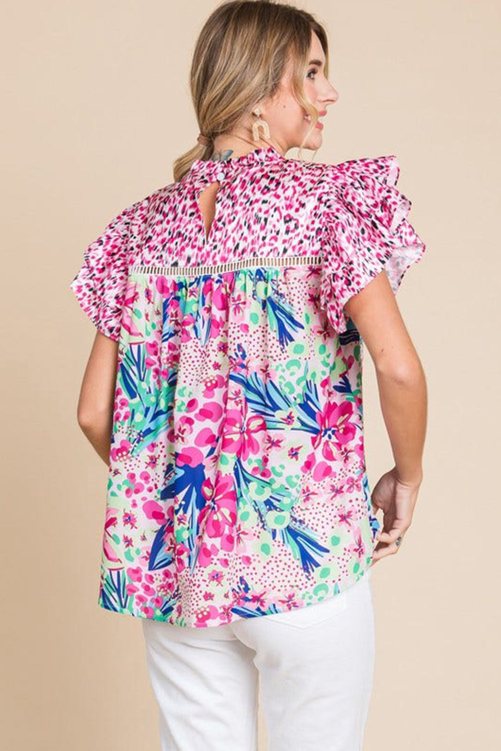 Red Floral Mixed Print Ruffle Cap Sleeve Blouse