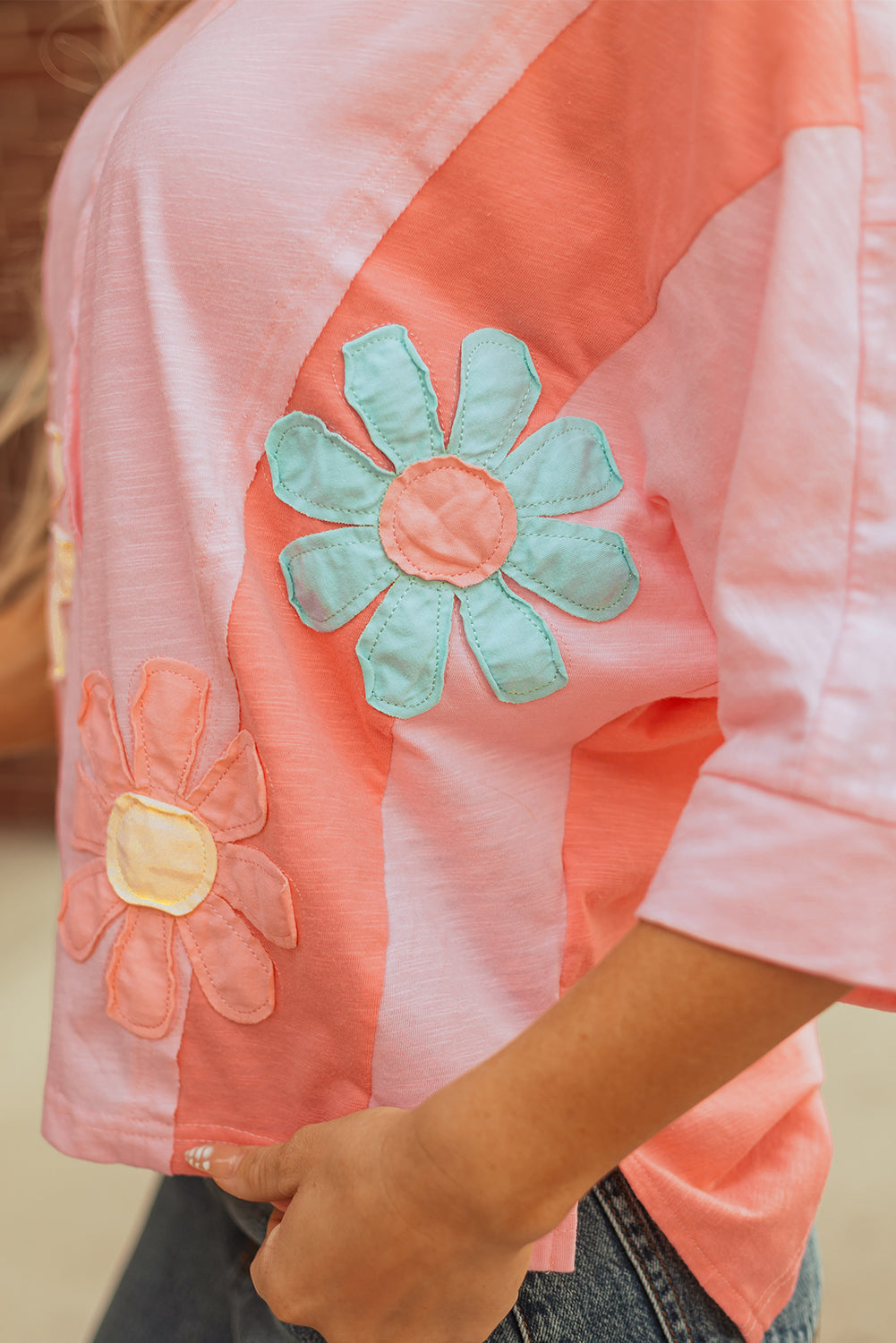 Light Blue Flower Patched Exposed Seam Bracelet Sleeve Oversized T Shirt