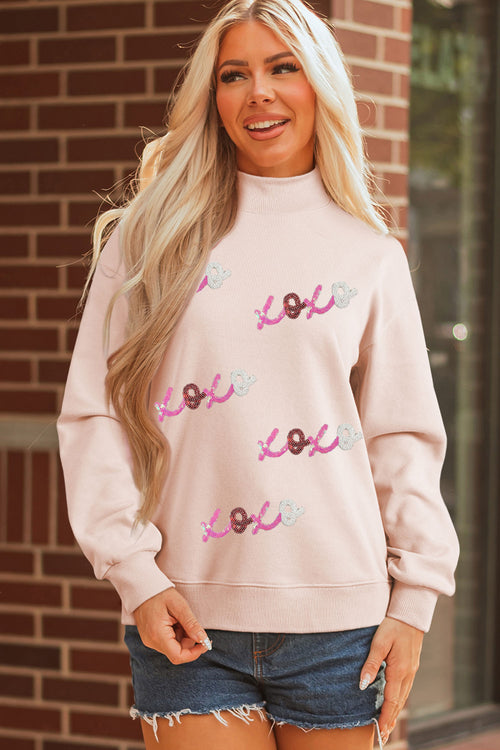 Apricot Pink Sequin xoxo Patched Mock Neck Oversize Sweatshirt