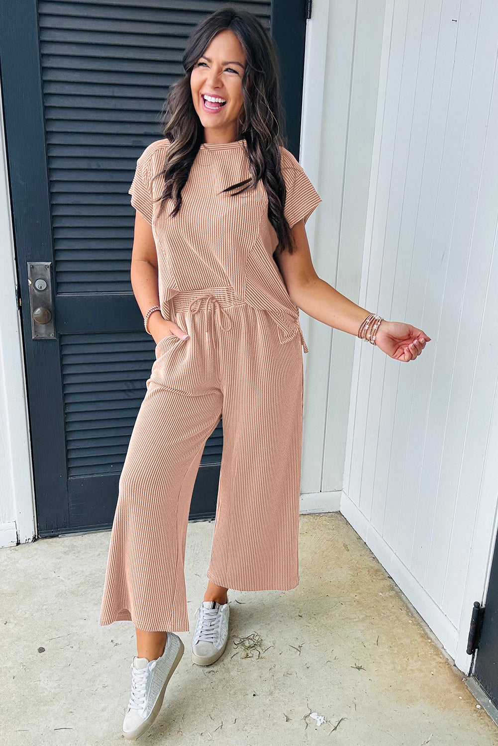 Blue Solid Corded Knit Short Sleeve T Shirt and Wide Leg Pants Set