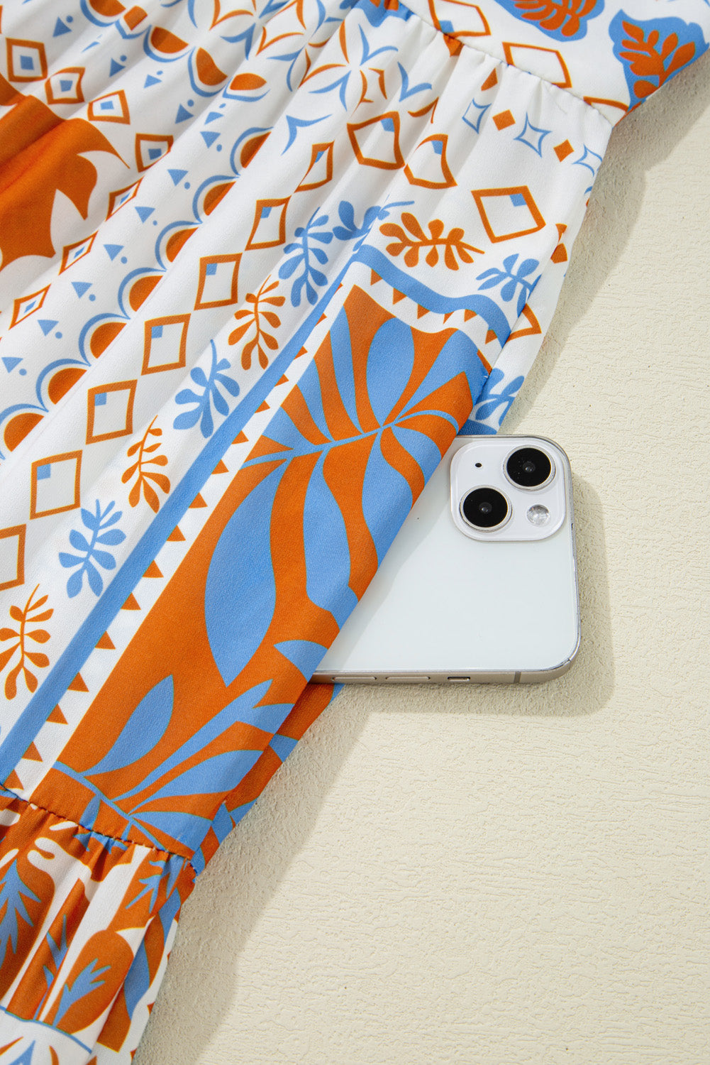 Orange Multi Printed Ricrac Trim Spaghetti Straps Maxi Dress