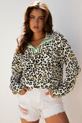 Khaki Leopard Print Contrast Striped V Neck Blouse