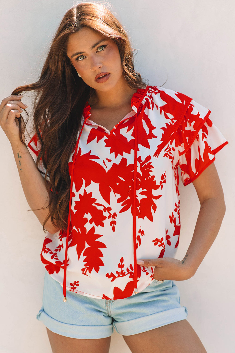 Red Floral Print Trimmed V Neck Ruffle Sleeve Long Dress