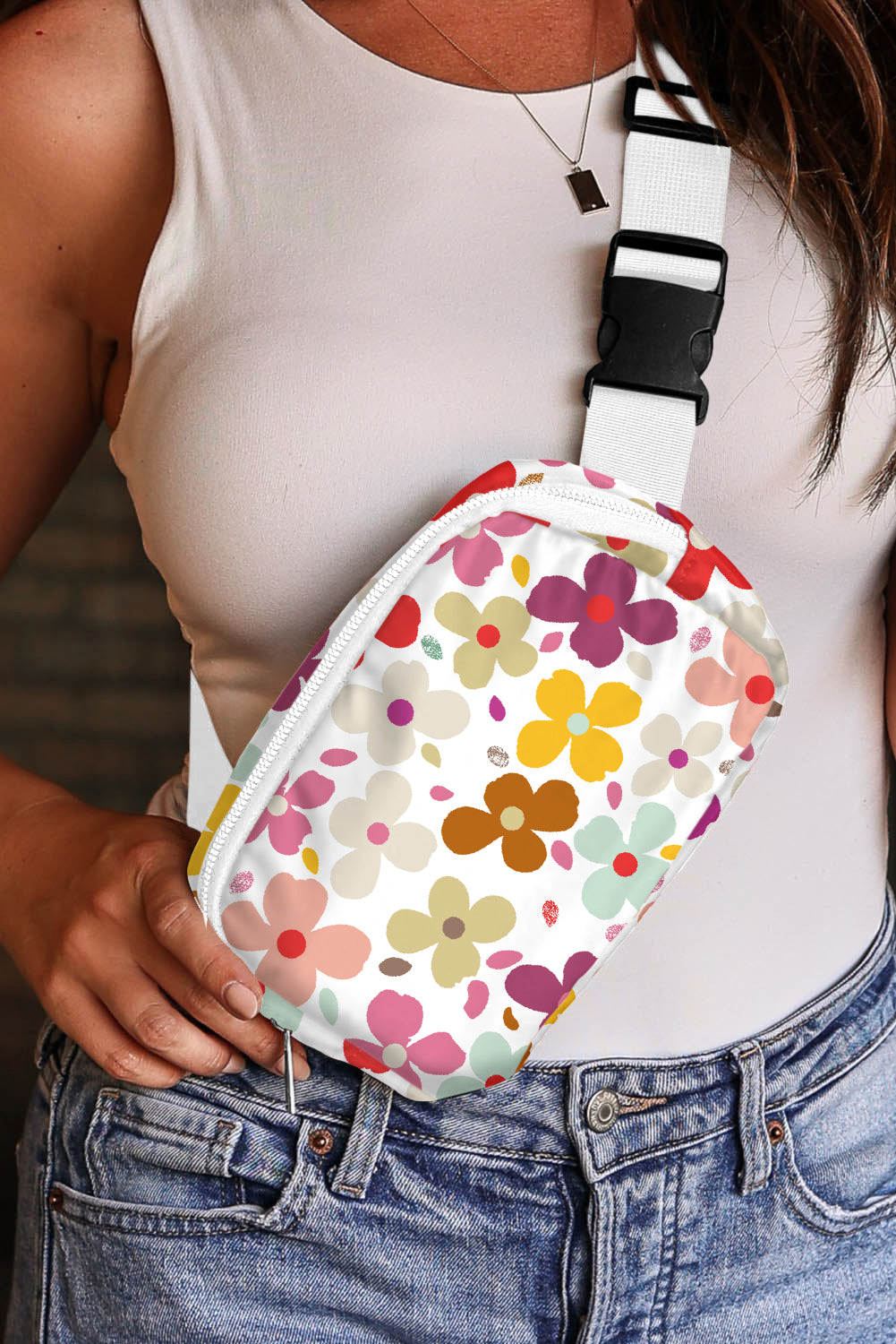 White Floral Print Buckle Wide Belt Zipper Crossbody Bag
