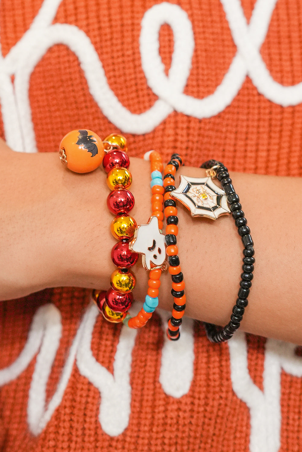 Orange 4pcs Halloween Ghost Spider Web Beaded Bracelet Set
