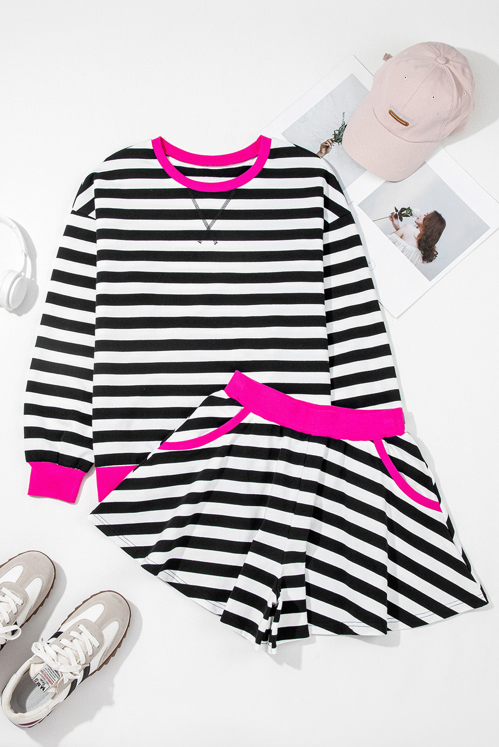 Black Stripe Color Block Edge Pullover and Shorts PLus Size Set