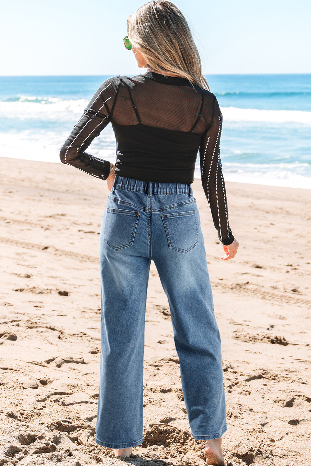 Stone Blue Star Patchwork Cropped Wide Leg High Waist Jeans