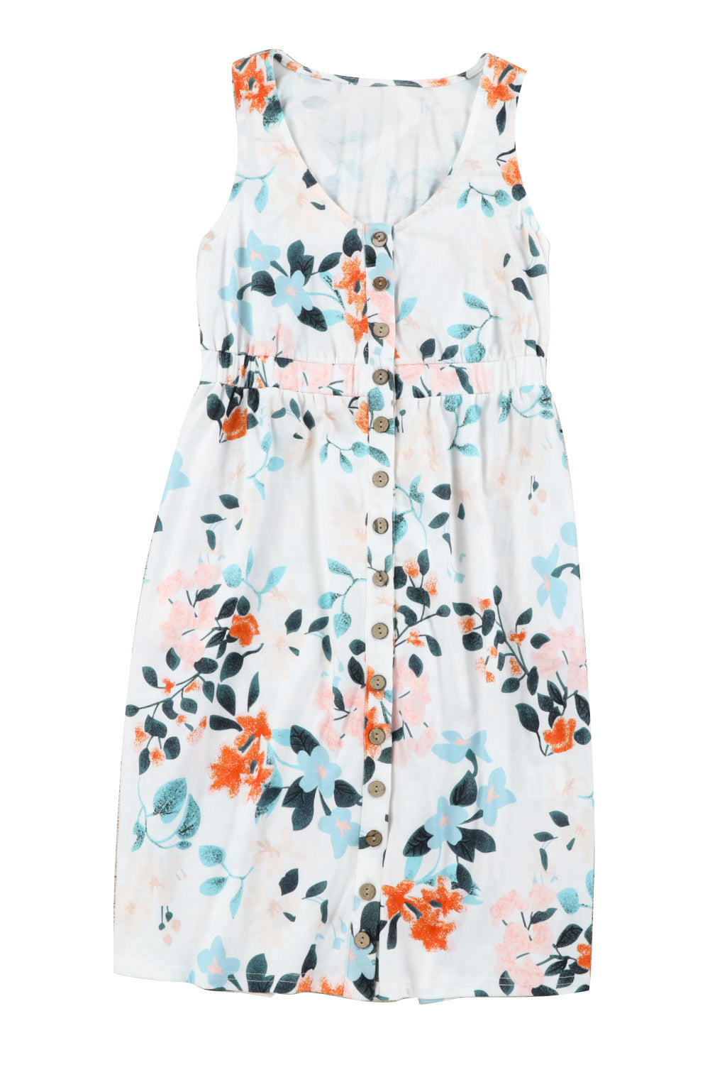 White Gray Floral Printed Sleeveless Button Up High Waist Mini Dress
