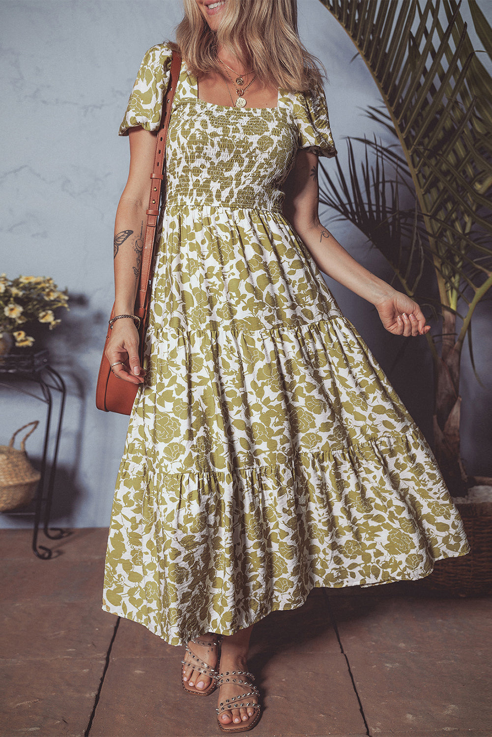 Yellow Boho Floral Square Neck Smocked Bust Puff Sleeve Tiered Long Dress