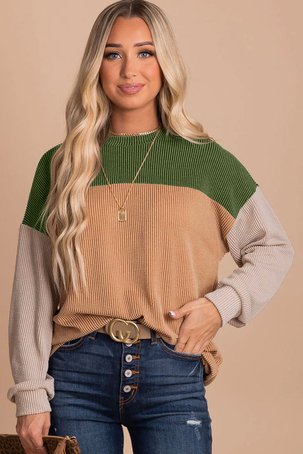Pale Chestnut Color Block Corded Long Sleeve Top